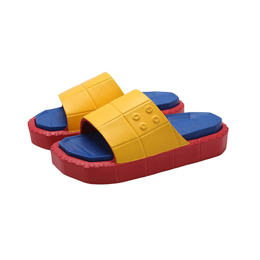 Cute yellow building block EVA slide sandals with blue footbed and red sole, lightweight color-block indoor shoes