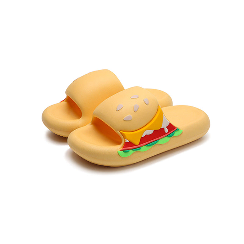 Cute yellow burger design EVA slide sandals with layered toppings and sesame bun, lightweight all-EVA indoor shoes