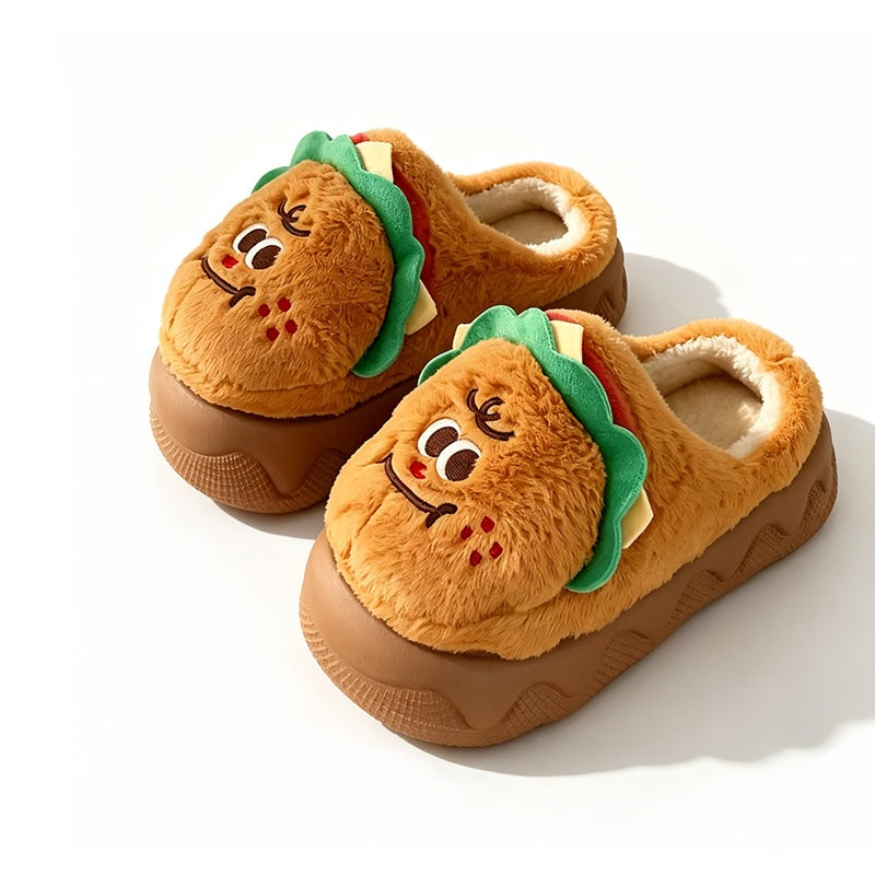 Cute yellow burger plush slippers with lettuce topper and face design, closed-back thick sole indoor shoes with EVA sole