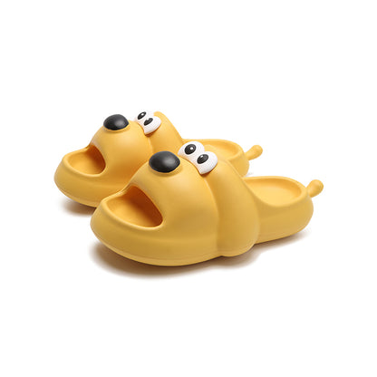 Cute yellow cartoon dog EVA slide sandals with big white eyes and small tail, lightweight all-EVA indoor shoes