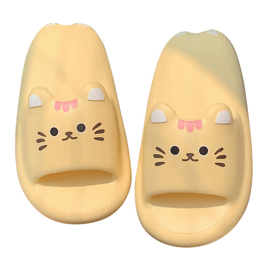 Cute yellow cat EVA slide sandals with 3D ears and pink bow, printed face indoor shoes with EVA sole
