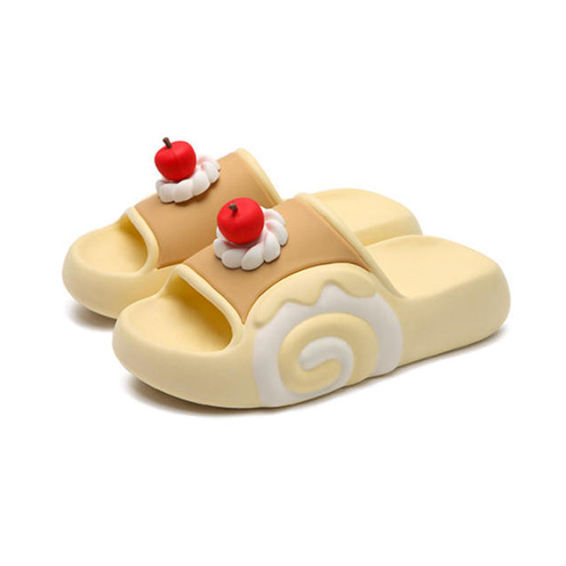 Cute yellow cherry cake EVA slide sandals with cream swirl and cherry topper, lightweight indoor shoes
