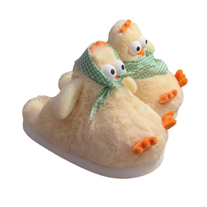 Cute yellow chicken plush slippers with green plaid scarf, big eyes, and orange details, fuzzy faux fur indoor shoes with EVA sole