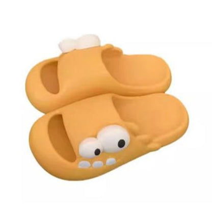 Cute yellow dinosaur EVA slide sandals with big eyes and teeth, lightweight indoor slip-on shoes