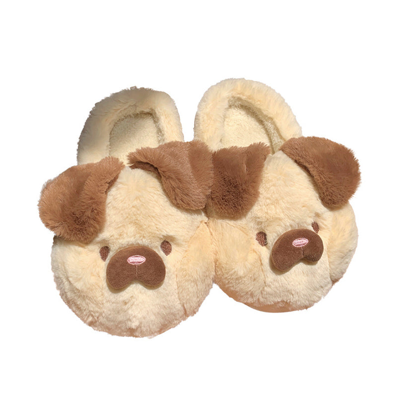 Cute yellow dog plush slippers with brown floppy ears and big nose, fuzzy faux fur indoor shoes with EVA sole