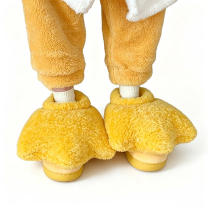 Cute yellow duck webbed foot plush slippers with high ankle cuff and fleece texture, indoor shoes