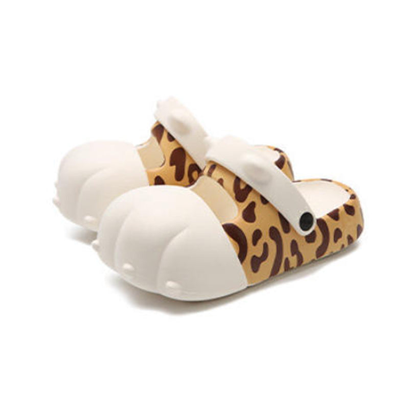 Cute yellow leopard print cat paw EVA clogs with 3D toes and adjustable strap, lightweight indoor shoes