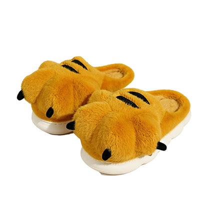 Cute yellow tiger paw plush slippers with black stripes and claws, fuzzy animal paw indoor shoes with EVA sole
