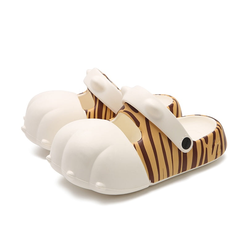 Cute yellow tiger striped cat paw EVA clogs with 3D toes and adjustable strap, lightweight indoor shoes