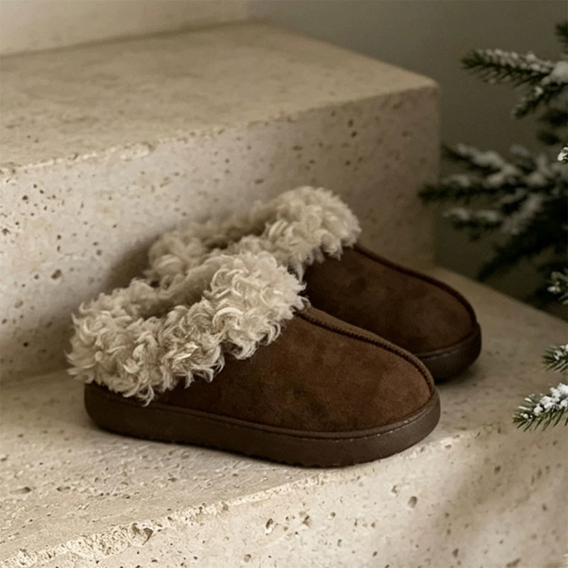 Dark brown winter cozy faux suede slippers aesthetic warm fluffy house shoes