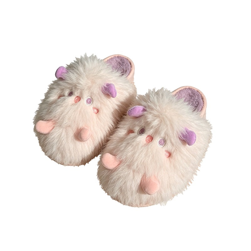 Extra fluffy pink sprite character plush slippers featuring purple ears and soft cheek patches, cozy indoor footwear with PVC sole