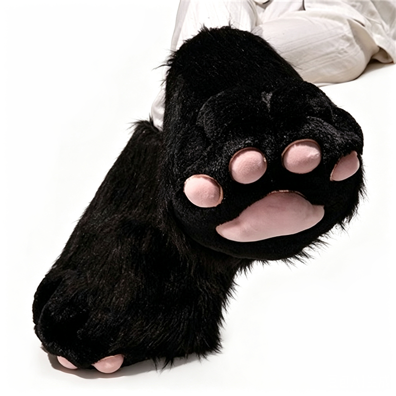 Full black plush cat paw cosplay boots with soft pink bean details and a suede outsole, tall animal character footwear with fabric lining