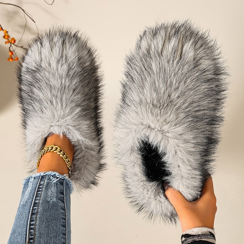 Gray winter cute cartoon y2k faux fur metal claw slippers