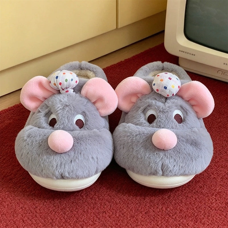 Gray winter cute chef hat mouse slippers aesthetic warm plush house shoes