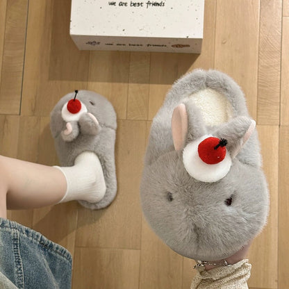 Gray winter cute cherry bunny slippers aesthetic warm plush house shoes