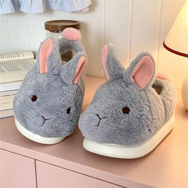 Gray winter cute closed back bunny slippers aesthetic plush house shoes