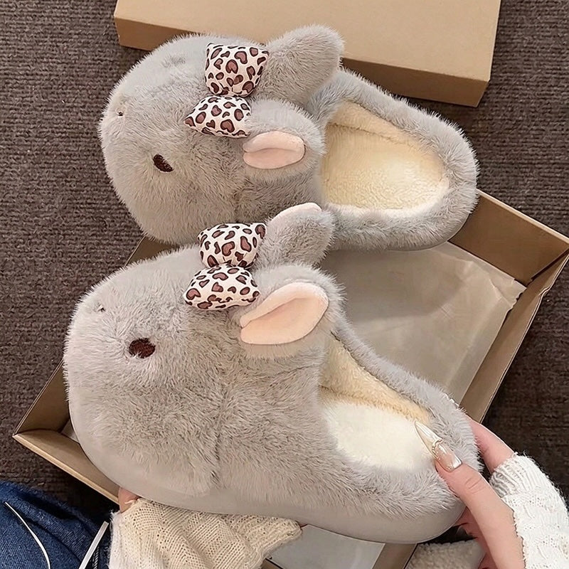 Gray winter cute heart bow bunny slippers aesthetic warm house shoes
