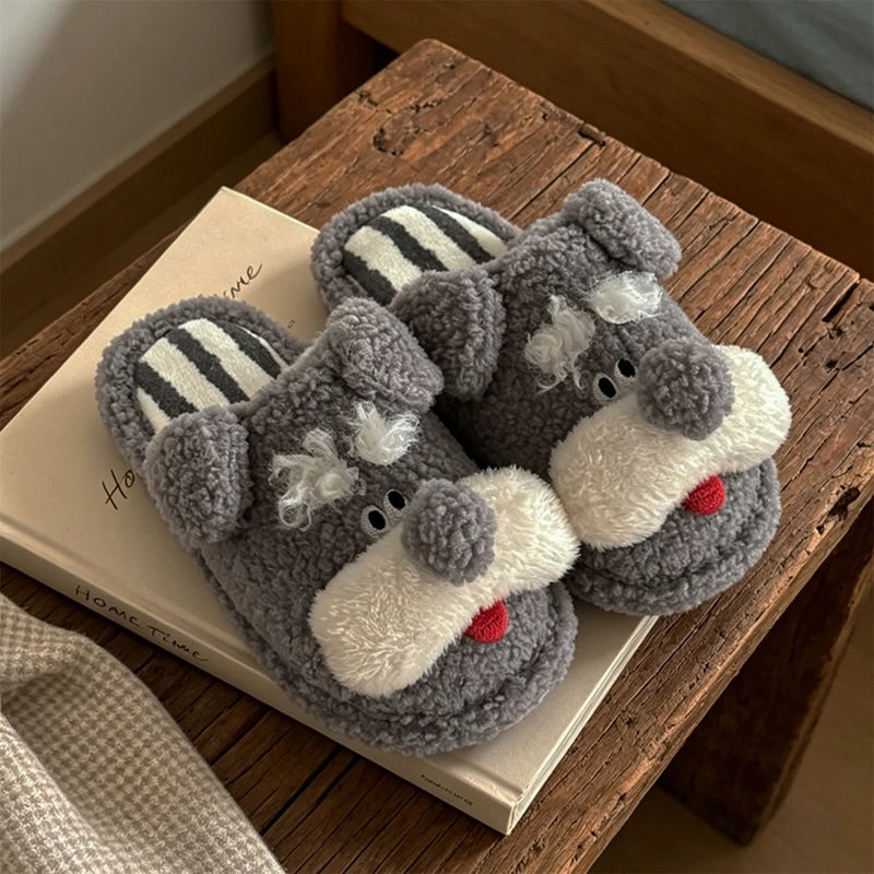 Gray winter cute schnauzer dog slippers aesthetic warm plush house shoes