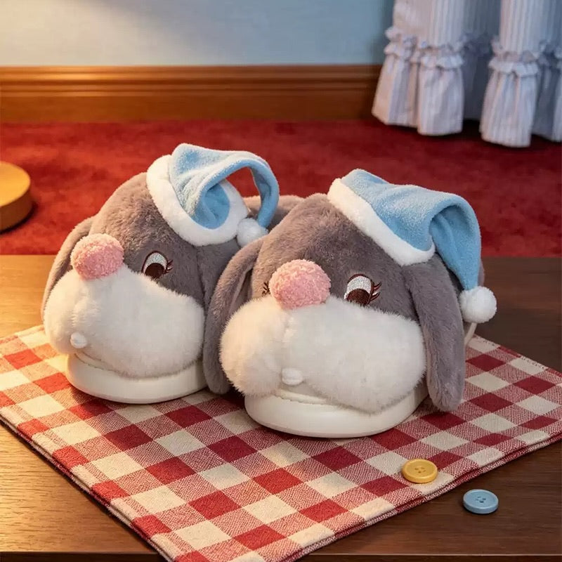 Gray winter cute sleep hat bunny slippers aesthetic warm plush house shoes