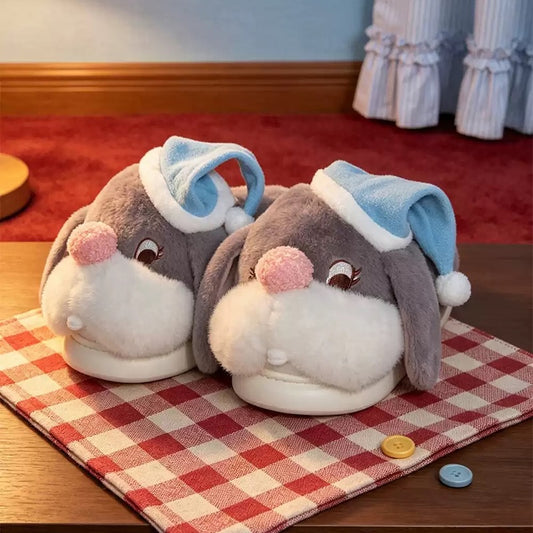 Gray winter cute sleep hat bunny slippers aesthetic warm plush house shoes