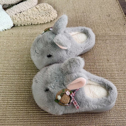 Gray winter cute straw hat bunny slippers aesthetic warm plush house shoes