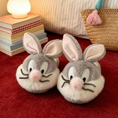Gray winter cute whisker bunny slippers aesthetic warm plush house shoes