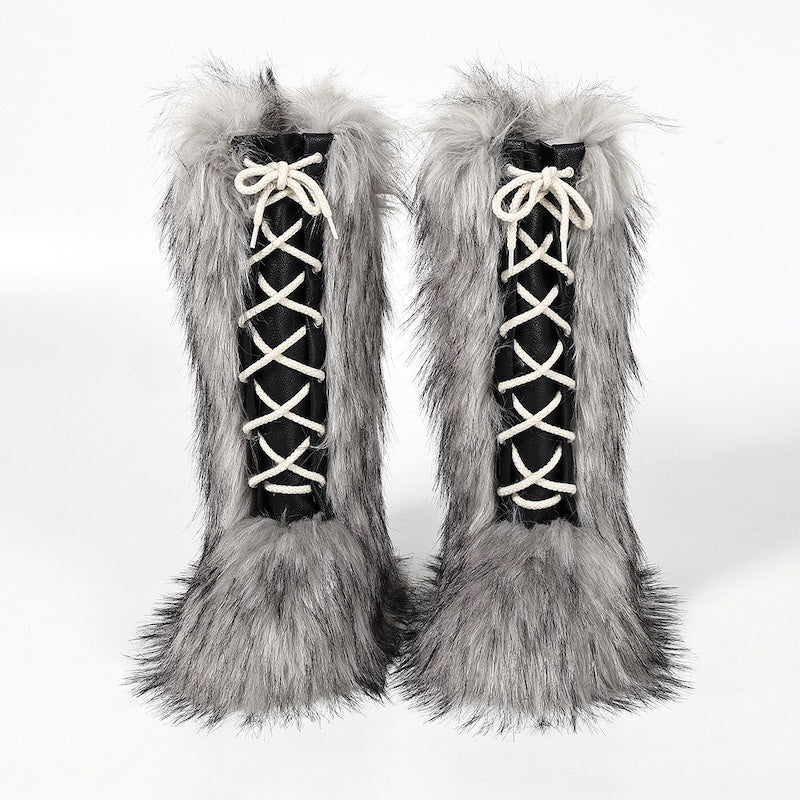 Gray winter y2k lace-up faux fur mid-calf boots pvc sole footwear