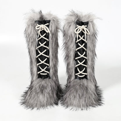 Gray winter y2k lace-up faux fur mid-calf boots pvc sole footwear