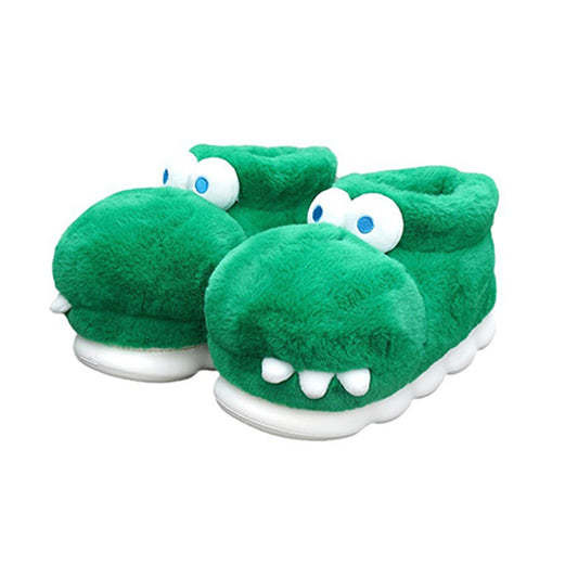 Green crocodile plush slippers with 3D eyes and white teeth, EVA sole