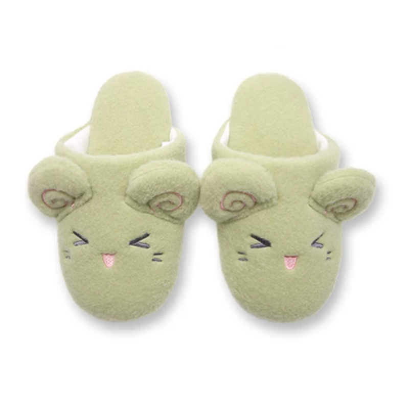 Green fleece sheep slippers designed with pink spiral ears and a smiling closed-eye look, lightweight fabric sole home shoes