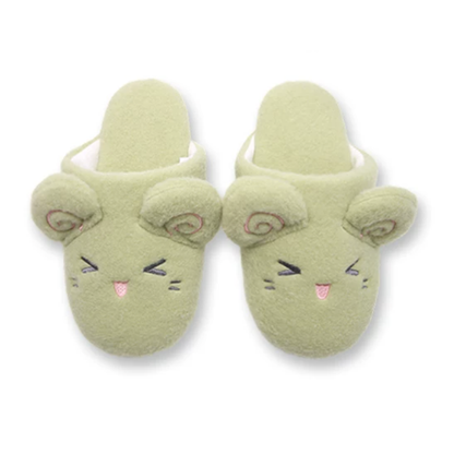 Green fleece sheep slippers designed with pink spiral ears and a smiling closed-eye look, lightweight fabric sole home shoes