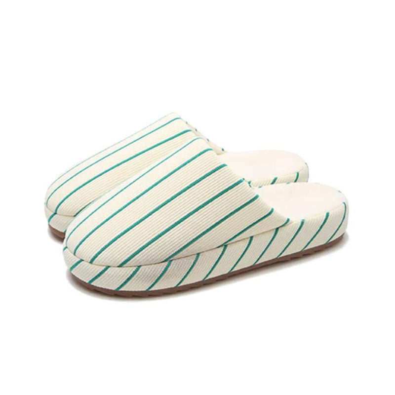 Green striped linen slippers with woven texture and dark lining, indoor shoes with TPR sole
