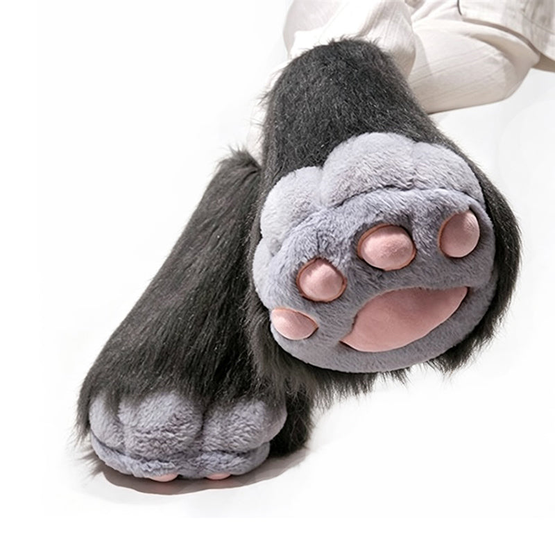 Grey costumes plush animal paw cosplay boots with oversized pink main pad details, soft fabric lined tall shoes with suede bottom