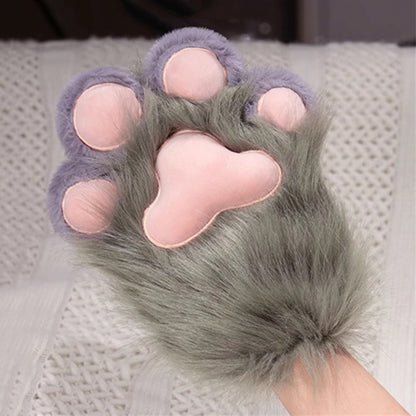 Grey shaggy faux fur cat paw gloves designed with four pink finger pads, warm plush cosplay hand accessories