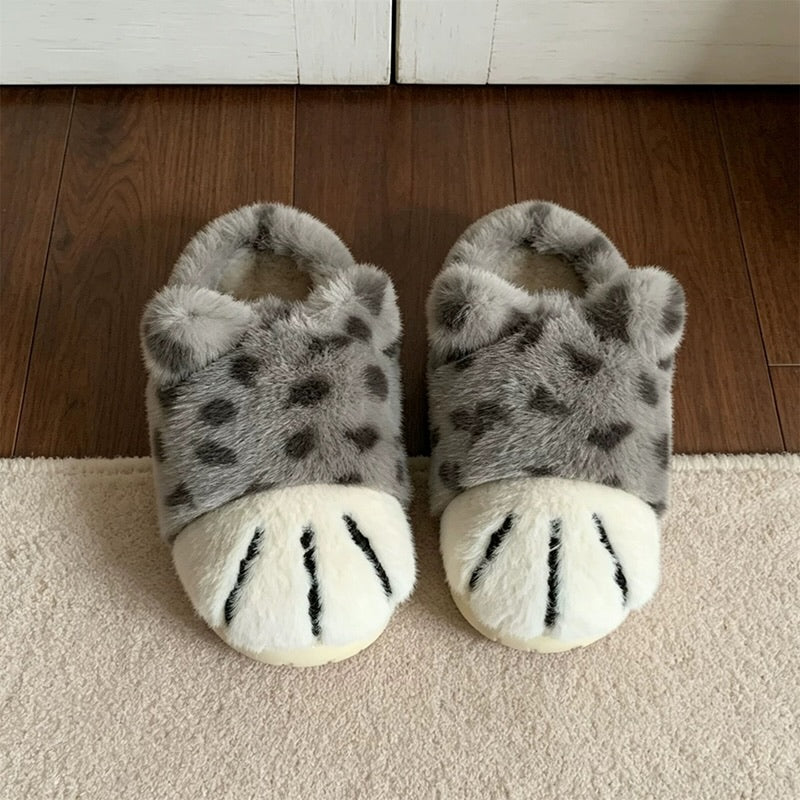 Grey winter cute leopard cat paw slippers aesthetic warm plush house shoes