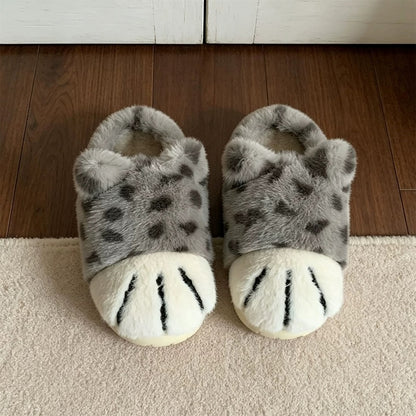 Grey winter cute leopard cat paw slippers aesthetic warm plush house shoes