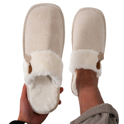 Khaki beige faux suede slippers with western embroidery and fluffy white trim, comfortable EVA sole indoor footwear