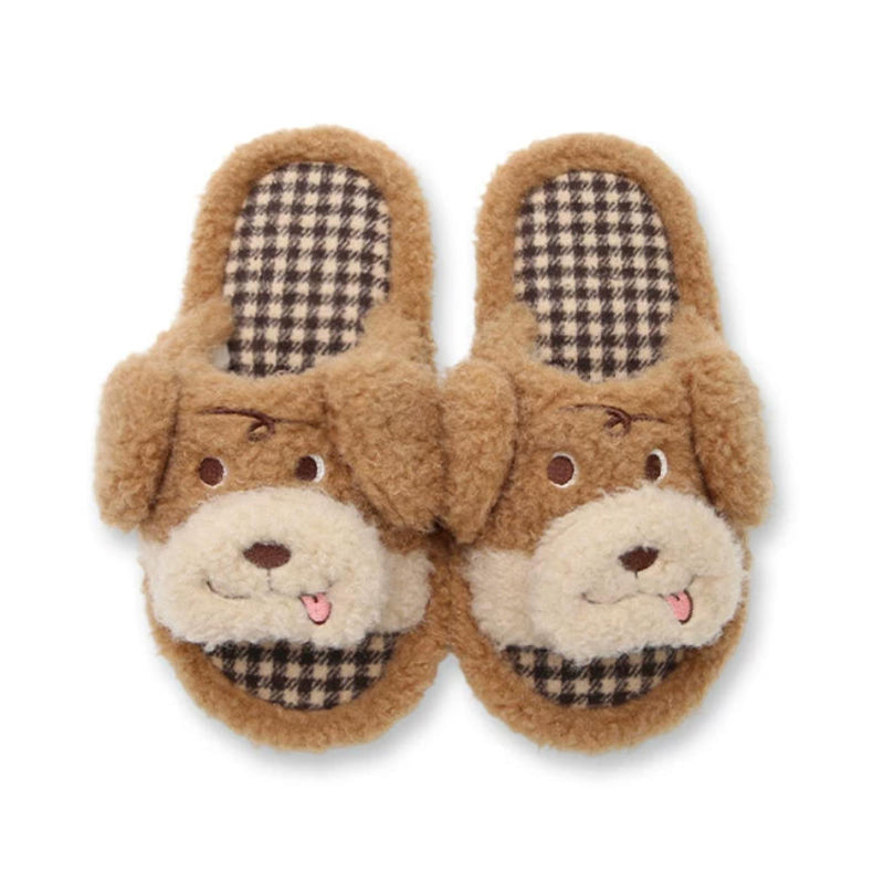Khaki cute cartoon open toe dog plush slippers eva sole indoor shoes