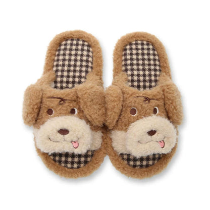 Khaki cute cartoon open toe dog plush slippers eva sole indoor shoes