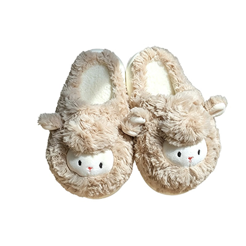 Khaki fluffy sheep character slippers featuring a tiny red nose and cute pink inner ears, cozy home shoes with EVA sole