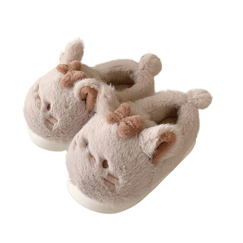 Khaki fuzzy cat character slippers with a decorative brown bow and minimalist face details, snug indoor home shoes with EVA sole