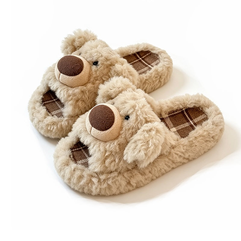 Khaki fuzzy plush slippers designed with a chunky bear nose and floppy ears, classic plaid lining for cozy indoor home wear