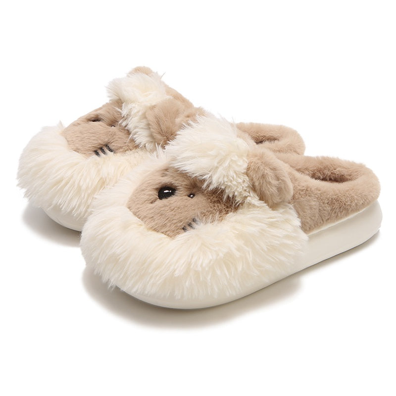 Khaki plush slippers shaped like a lion with a shaggy brown mane and three cheek whiskers, soft indoor footwear with EVA sole