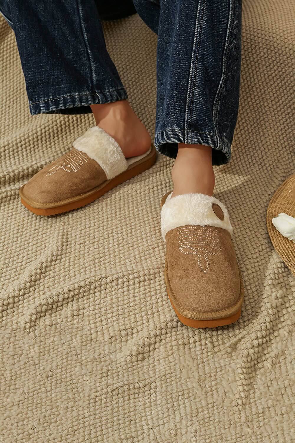 Khaki western cowgirl slippers aesthetic warm plush house shoes