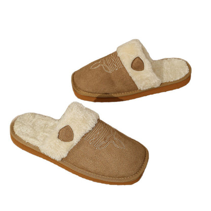 Khaki western inspired slip-on slippers with fuzzy trim and oval patch detail, soft suede indoor shoes with EVA sole