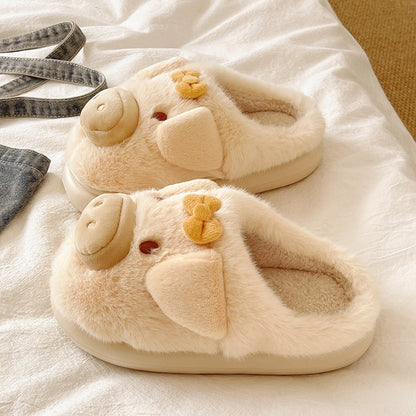 Khaki winter cute 3d pig bow slippers aesthetic warm plush house shoes