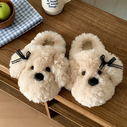 Khaki winter cute bichon dog slippers aesthetic warm plush house shoes