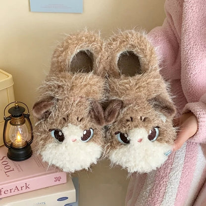 Khaki winter cute closed back cat slippers aesthetic warm plush house shoes