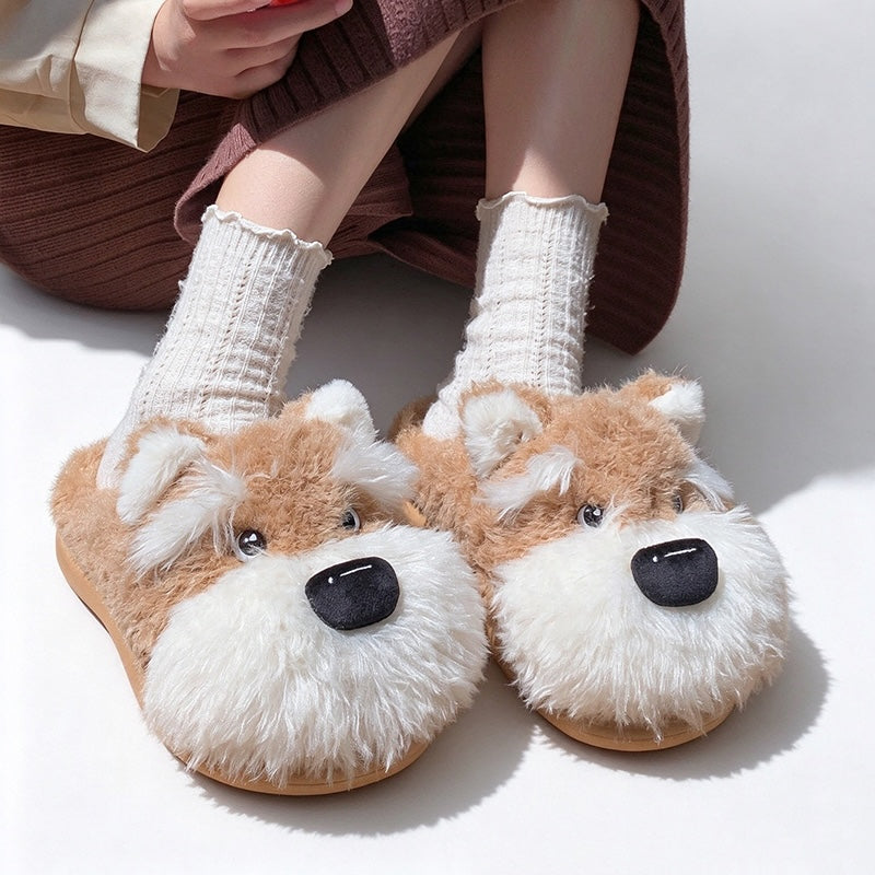 Khaki winter cute husky dog slippers aesthetic warm plush house shoes