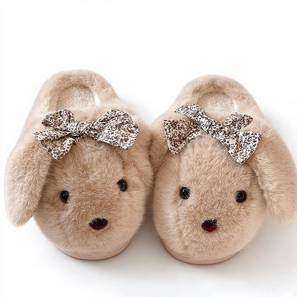Khaki winter cute shiny bow bunny slippers aesthetic warm plush house shoes
